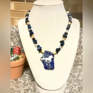Silver Running Horse Mounted on Navy Impression Jasper - Handmade Necklace